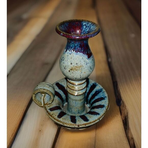 Vintage Mahon Made Stoneware Pottery Blue Drip Glaze Column Taper Candleholder - Picture 2 of 5